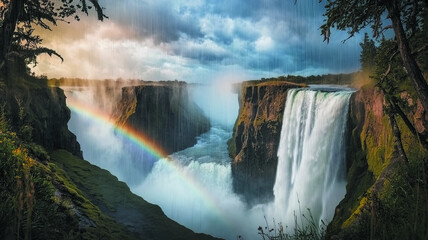 Fototapeta premium Fairytale forest landscape with multiple waterfalls, lush greenery, flowers near water and soft sunlight streaming through trees