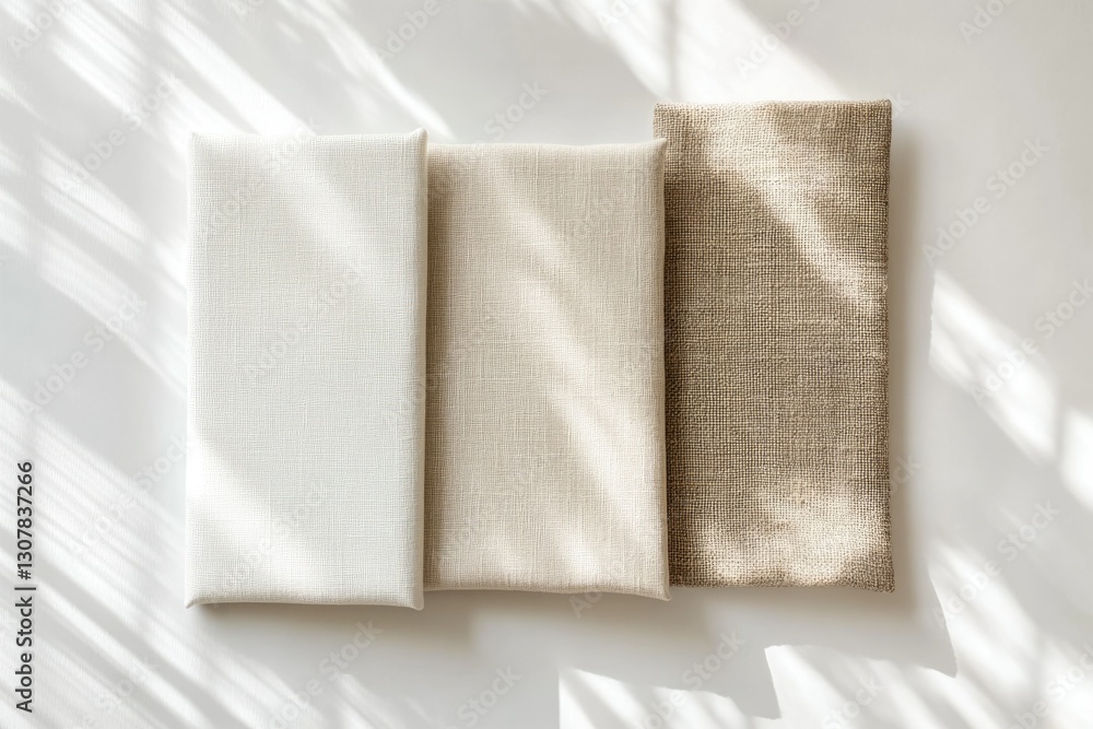 Poster three neutral-toned linen fabrics arranged in a row, illuminated by sunlight.