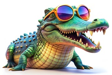 A smiling crocodile wearing sunglasses
