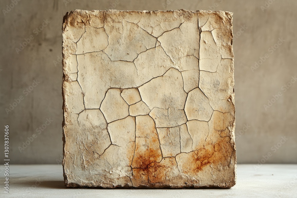 Poster a square block of cracked, aged plaster with rusty stains, showing texture and time's effect.