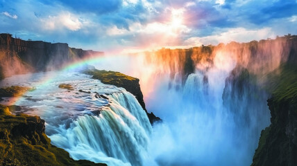 Fototapeta premium Majestic mountain waterfall with rainbow in misty air, bright sky with clouds, breathtaking natural landscape under sunlight