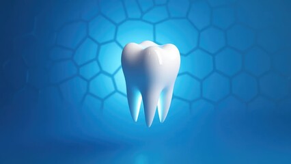 Shiny white tooth floating with a futuristic hexagonal pattern in the background
