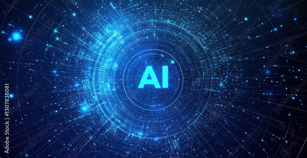 Poster artificial intelligence symbol glowing on blue background with futuristic circular lines
