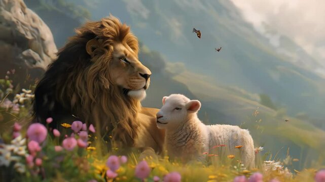 Lion and lamb sitting together. Bible's description of the coming of Jesus Christ. Christianity symbol of peace and paradise  