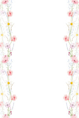 Watercolor floral seamless vertical border frame. Diverse meadow pastel pink, peach, blue, yellow, violet flowers, green branches. Hand drawn style illustration. Artistic template design.