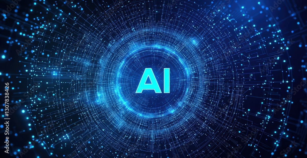 Poster artificial intelligence (ai) symbol glowing on blue background with futuristic circular design
