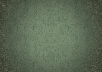 Hand-drawn ornament. Dark green on light warm green background, with vignette of darker background color and splatters of golden glitter. Paper texture. Digital artwork, A4. (pattern: p13-1b)