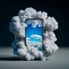 Smartphone Displaying Sky Image Embedded in Artificial Cloud Formation