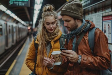 Obraz premium A young couple stands together at a subway station during the evening. The woman drinks coffee while the man checks his phone, both dressed warmly for the chilly weather