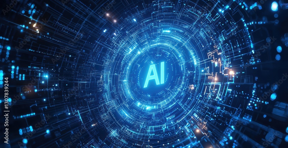 Poster glowing ai symbol emerging from futuristic technological connections
