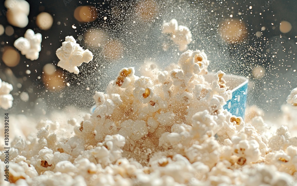 Poster fresh popcorn exploding from a container against a dark background.