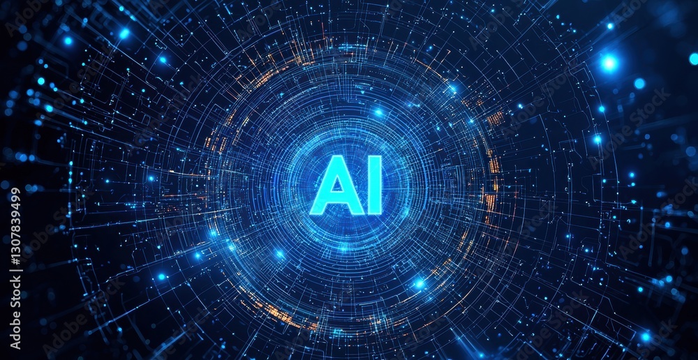 Poster glowing ai symbol communicating with digital connections on blue background