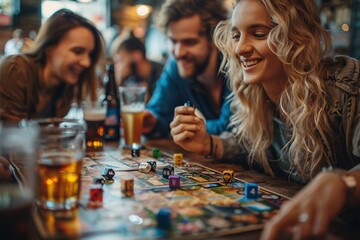 A group of friends is gathered around a table in a bustling pub, engrossed in a board game while sipping on their drinks and sharing laughs. The atmosphere is friendly and vibrant