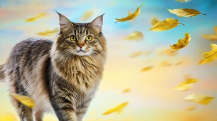 Obraz premium Confident Cat Standing Amid Floating Golden Leaves in Rain