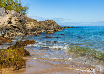 Makaluapuna Point on Fleming Beach With Molokai Island Across Honokahua Bay, DT Fleming Beach Park,...