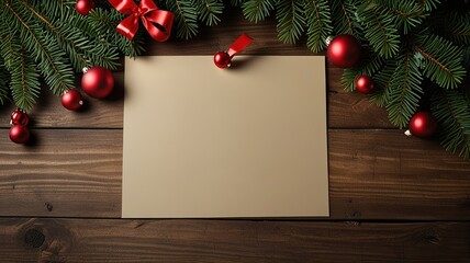 Fototapeta premium Greeting card christmas mockup with fir tree branches on dark wooden background