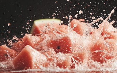 Fototapeta premium Juicy watermelon cubes splashing in water.