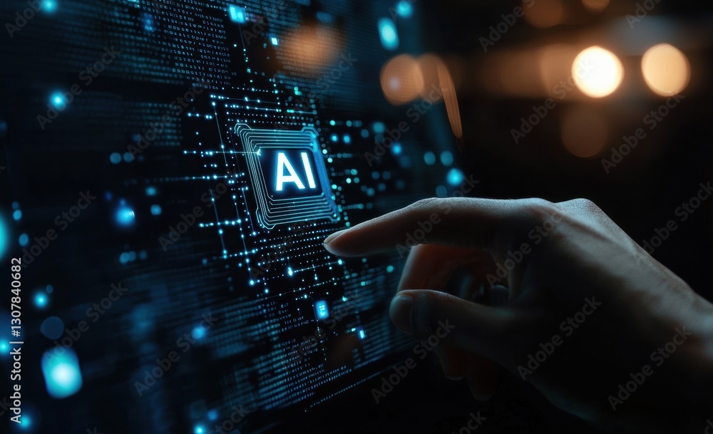 Poster businessman using futuristic touchscreen with artificial intelligence icon