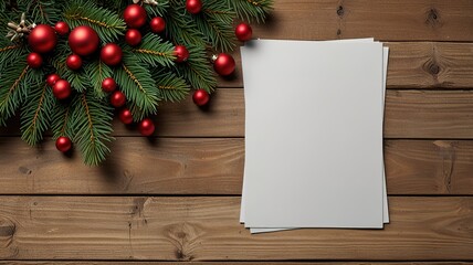 Obraz premium Greeting card christmas mockup with fir tree branches on dark wooden background