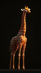 Giraffe standing gracefully against a dark background highlighting its unique patterns and tall stature