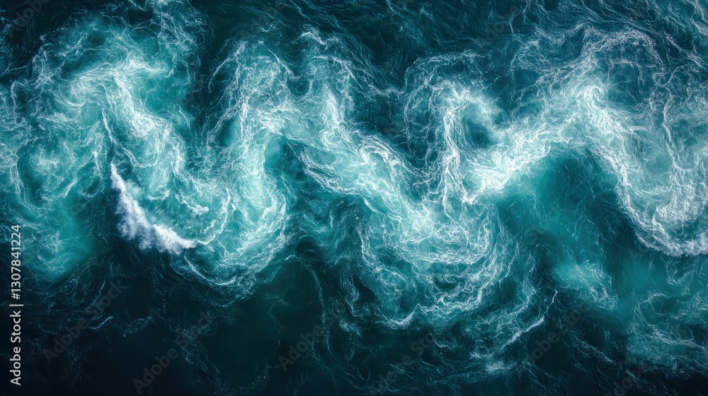 Poster aerial view water swirls creating complex patterns, contrasting dark and turquoise