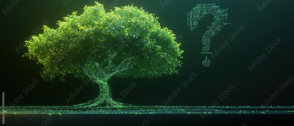 Poster digital tree with circuit board pattern and question mark, symbolizing environmental technology, sus