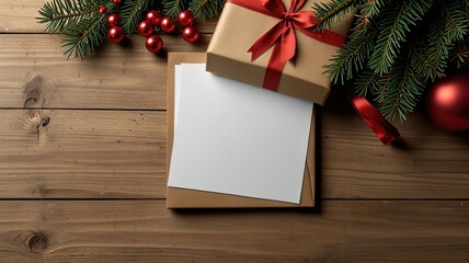 Obraz premium Greeting card christmas mockup with fir tree branches on dark wooden background