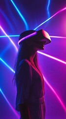 Woman in VR Headset, Neon Lightscape, Cyberpunk Style