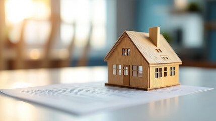 Real Estate Insurance Documents Placed Under a Wooden House Model in a Bright Office Setting During Daytime Hours