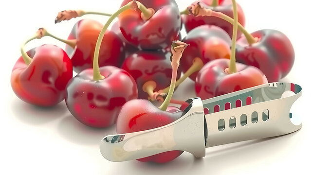 red cherries and metallic cherry pitter on white background