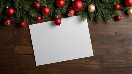 Obraz premium Greeting card christmas mockup with fir tree branches on dark wooden background