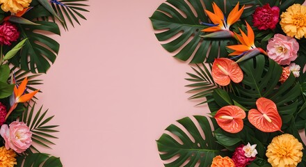 Vibrant tropical flowers and lush green leaves on pink background summer floral design red bird plant