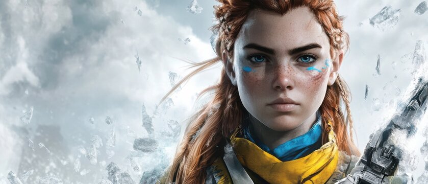 Determined young woman with face paint and braided red hair, holding futuristic weapon in a snowy, icy landscape Concept of strength, resilience, and science fiction