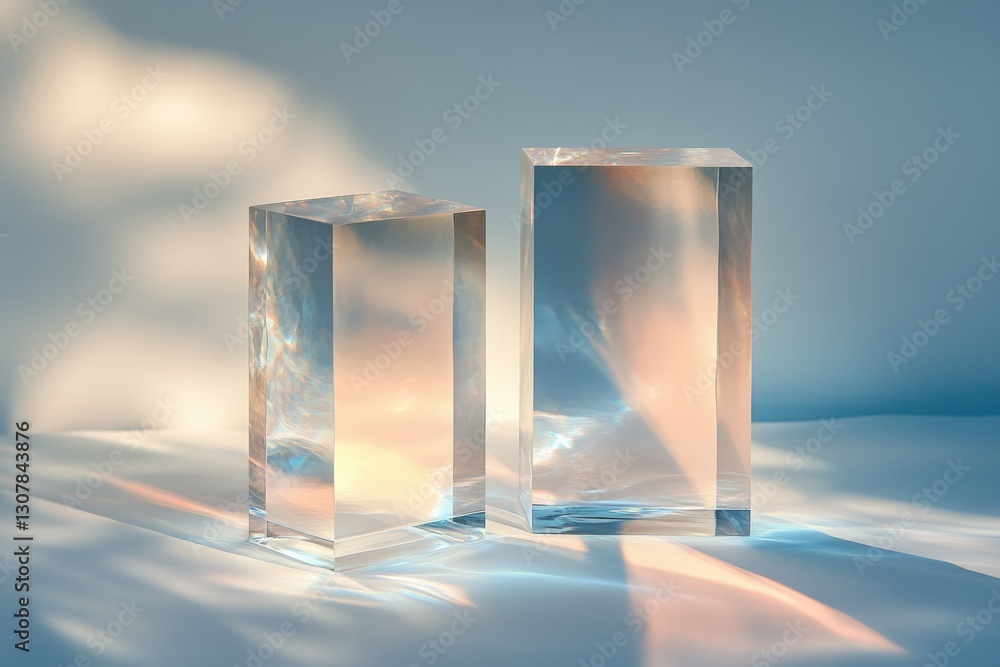 Poster two translucent glass cubes illuminated by soft sunlight, creating a serene and minimalist aesthetic