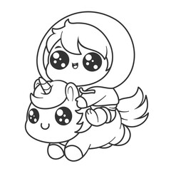 Little boy is riding a unicorn, for coloring