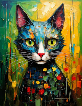 black cat with yellow eyes on colorful background, Watercolor portrait of a cat painting, cat oil paint wall art vector Adobe Illustrator Artwork