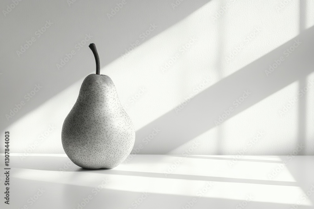 Poster a single pear sits on a white surface, bathed in sunlight filtering through a window.