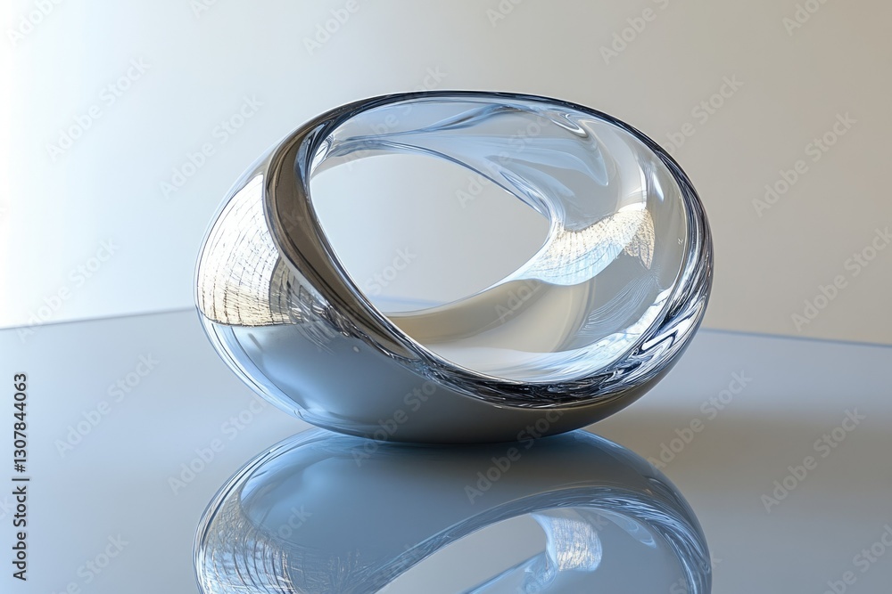 Poster a polished, chrome-like, abstract sculpture with a smooth, continuous form and an inner void.