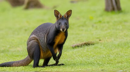 Side view of Swamp Wallaby (Wallabia bicolor) looking at camera, Phillip Island, Victoria, Australia