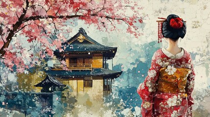 Geisha Contemplating Spring: A Serene Japanese Watercolor
