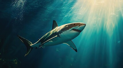 Obraz premium Dramatic underwater encounter great white shark ocean depths gigapixel image marine environment unique perspective