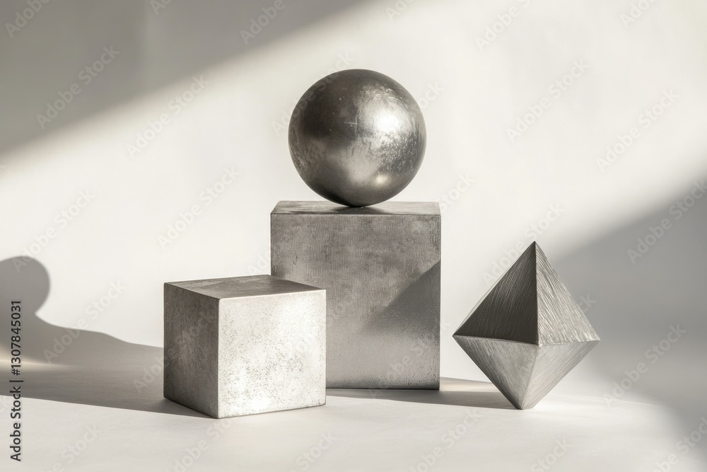 Poster a metallic sphere rests atop a cube, accompanied by a smaller cube and a geometric pyramid, all unde