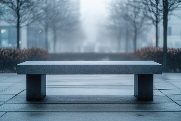 A solitary stone bench sits in a misty park, trees blurred in the background.