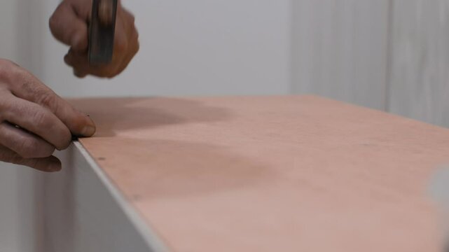 Skilled craftsman expertly hammering a nail into a wooden panel, copy space. Demonstration of impressive techniques and craftsmanship that reflects dedication and passion for carpentry