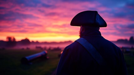 Colonial soldier at dawn overlooking battlefield