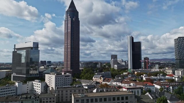 Aerial Drone View of MesseTurm in Frankfurt, Germany a Iconic Skyscraper and Modern Cityscape.