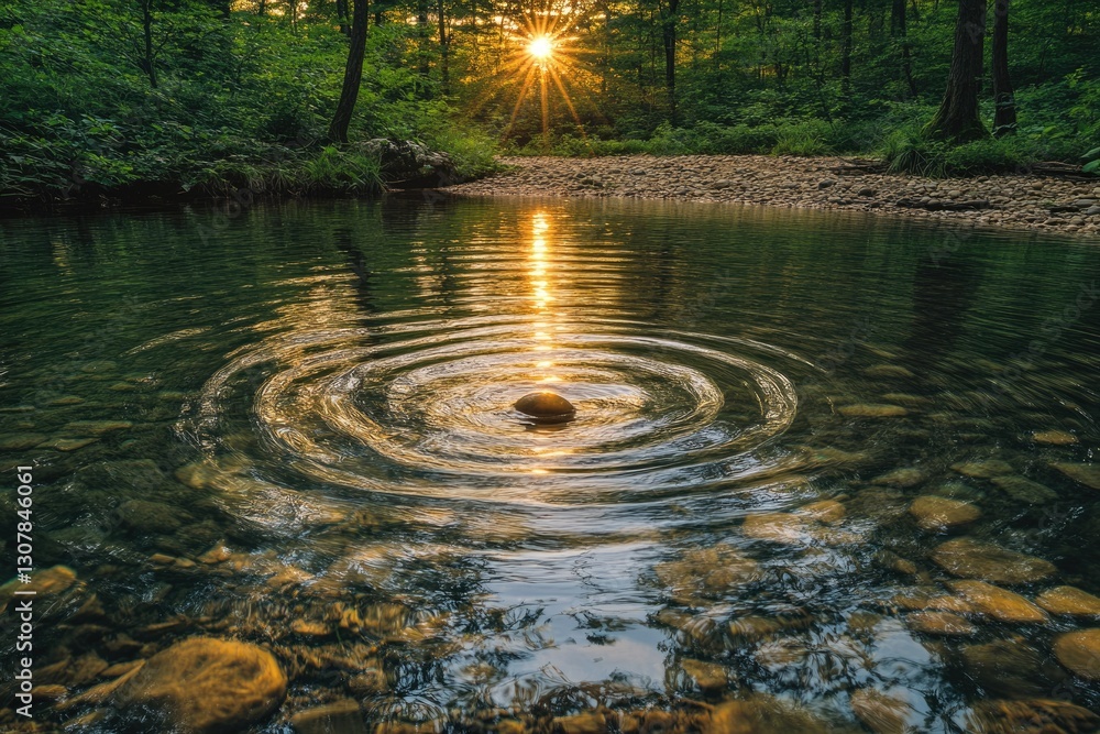 Poster sunset illuminates a tranquil forest stream with concentric ripples from a dropped stone.