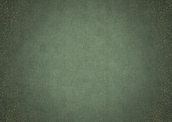 Hand-drawn ornament. Dark green on light warm green background, with vignette of darker background color and splatters of golden glitter. Paper texture. Digital artwork, A4. (pattern: p13-2c)