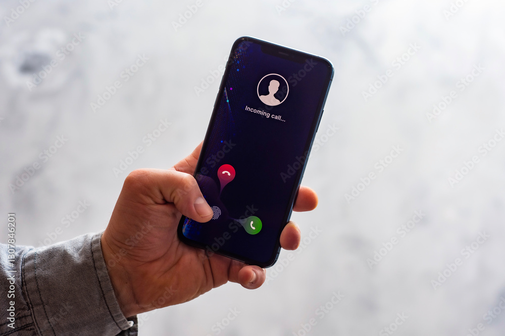 Poster close-up of a hand holding a smartphone with an incoming call screen. display shows incoming call wi
