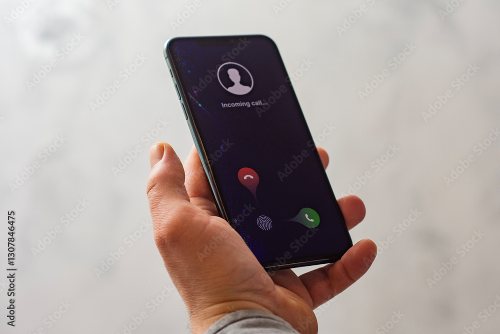 Poster close-up of a hand holding a smartphone with an incoming call screen. display shows incoming call wi